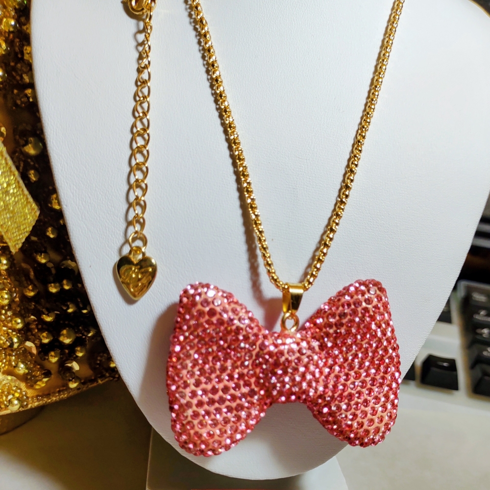 Betsey Johnson Pink & Gold Bow Necklace - Picture 2 of 2